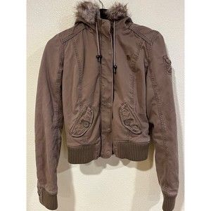 Y2K Faux Fur Bomber Jacket Abercrombie & Fitch Women's Sz L Preppy Retro READ